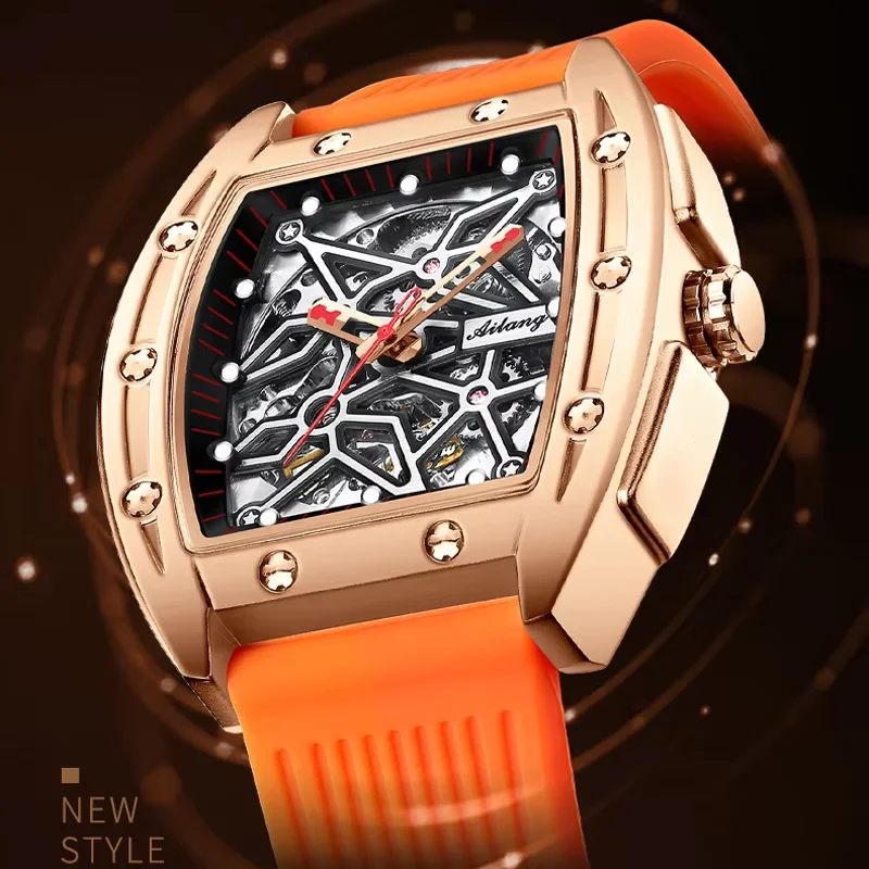 Rose Gold AILANG Brand New Barrel Case Metal Mechanical Watch Silicone Band Waterproof Skeleton Automatic Luxury Sports Watch