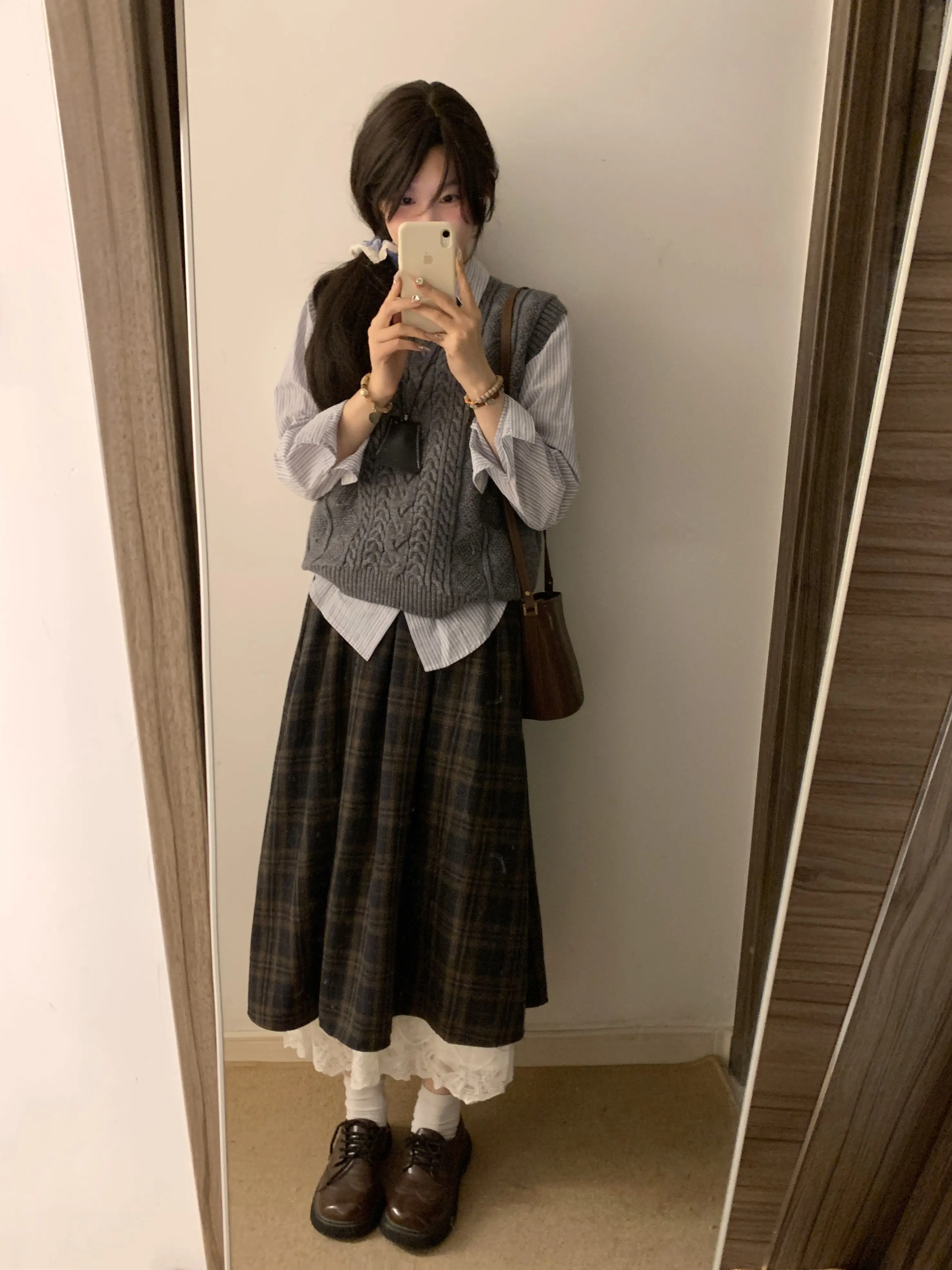 Retro Japanese Style Women's Knitted Sweater Vest And Stripe Shirt Two-Piece Set Autumn Winter Grey Twist round Neck Warm Fas...