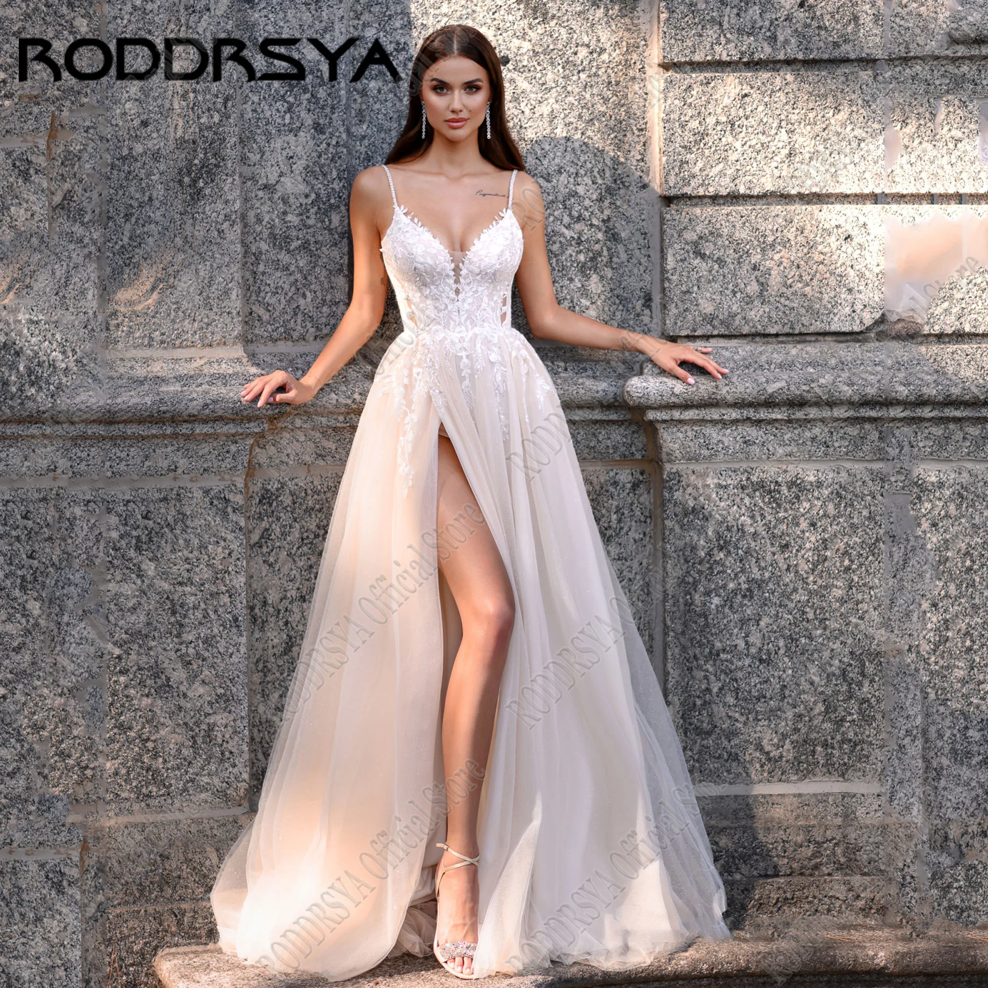 RODDRSYA-vestidos de novia bohemios, Apliques de encaje, línea A, abertura lateral, Espalda descubierta, tirantes finos, vestidos de novia personalizadosRoddrsya calcomanía Bohemia vestido de novia en forma de a con ti