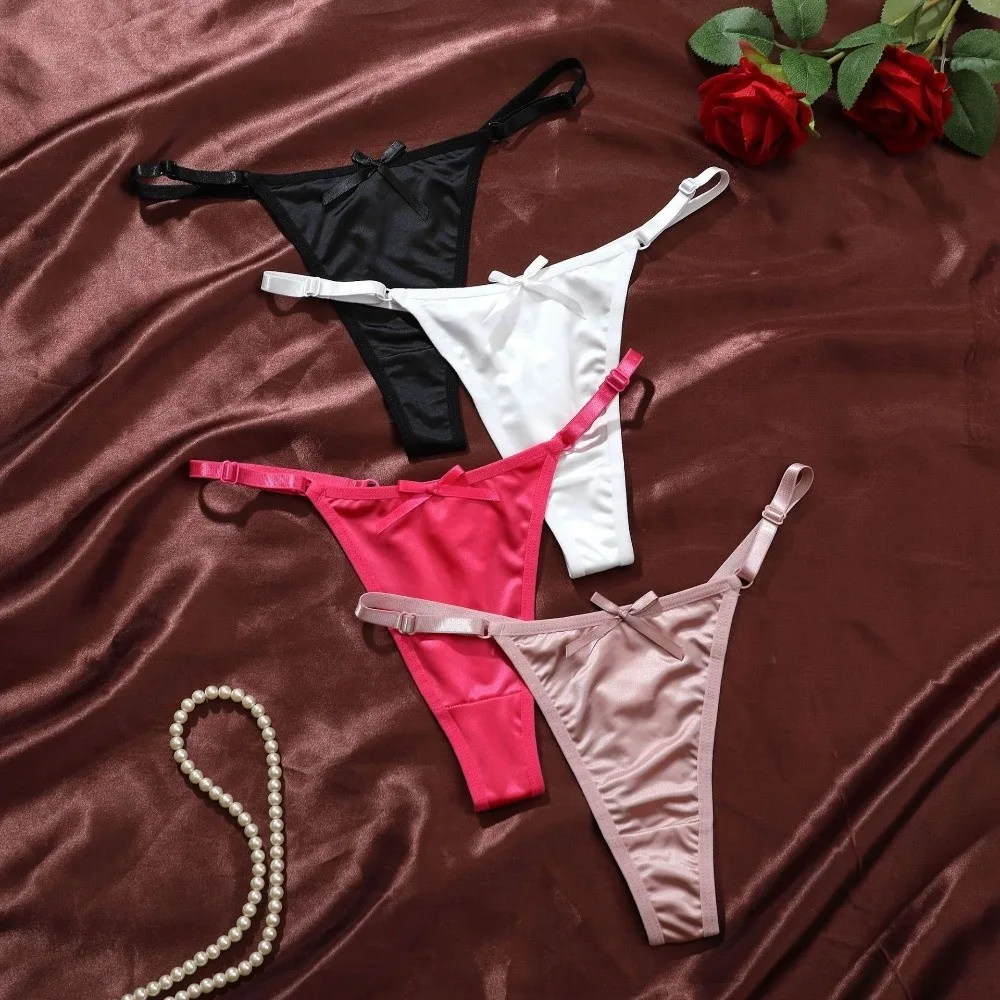 Adjustable Low Waist Sheer Satin Bow Thong G Strings Transparent Brocade Briefs Women Hollow Lingerie Romantic T Panties Home