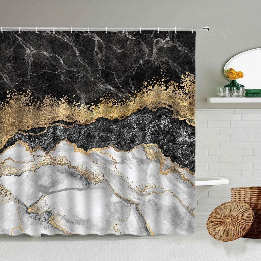 Marble Striped Shower Curtain for Bathroom, Waterproof Screen with Hook, White, Gray, Gold, Black, Decorative Accessories