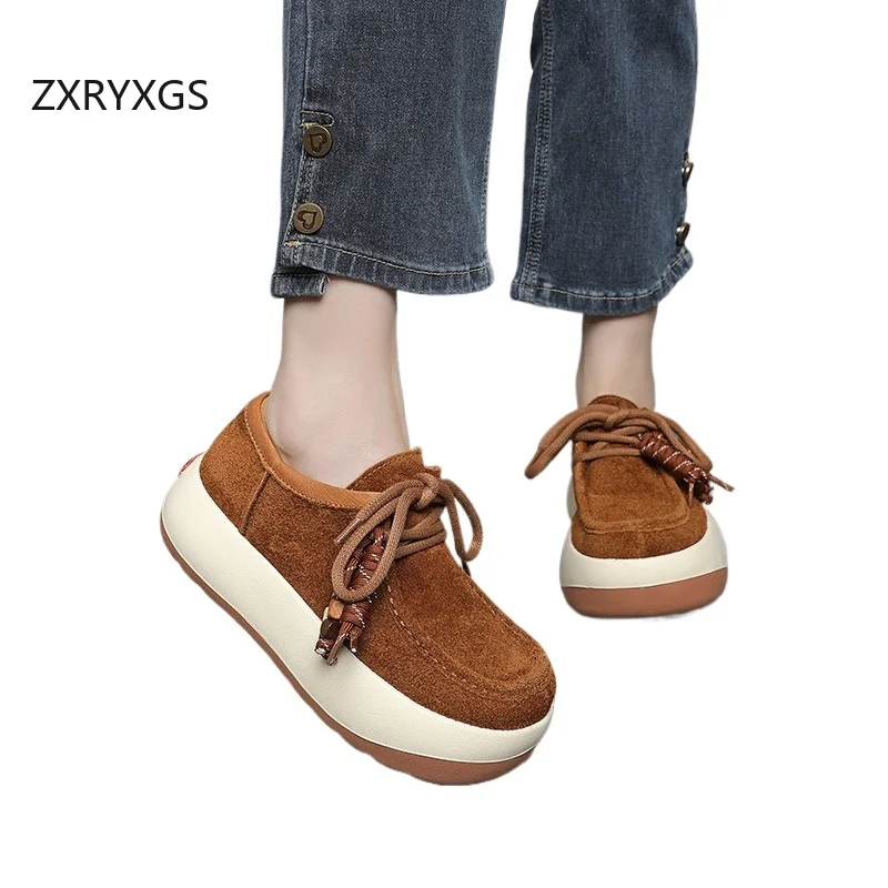 ZXRYXGS الطبقة العليا جلد البقر الرجعية سميكة سوليد الارتفاع زيادة أحذية رياضية أحذية خفيفة أنيقة الديكور النساء الأحذية العصرية 2025