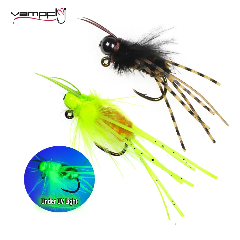 Vampfly 4pcs/box Brass Bead Head Girdle Bug Jig Fly Rubber Legs Jig Stonefly Nymph Barbed Fly Tying Hook #4 Trout Fishing Lures