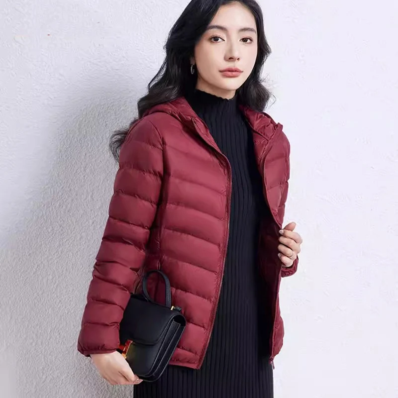 Women Down Jacket Wine Red 2026 New Spring Autumn Female Slim Short Hooded Warm White Duck Down Coat
