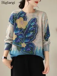 Oversized Autumn Winter Loose Sweater Women Butterfly Flower Print Ethnic Style Ladies Sweaters Fashion Woman Sweater Tops 2023