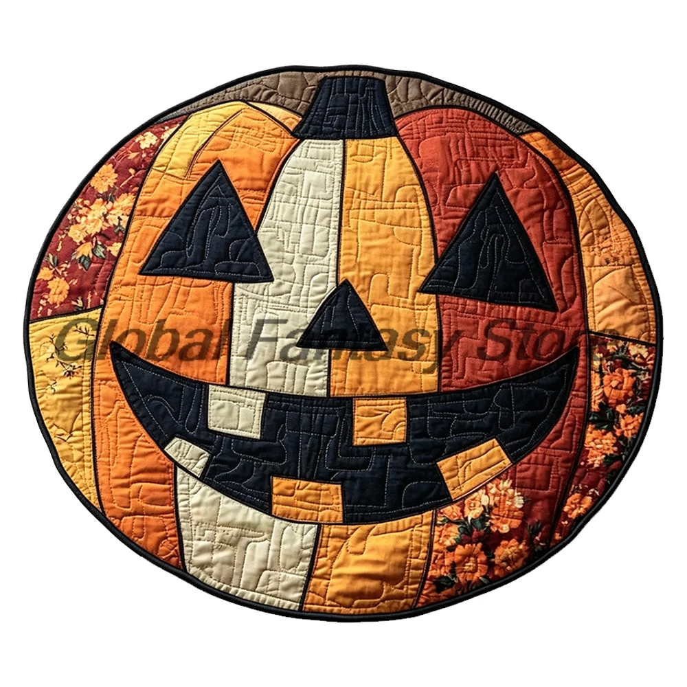 Fall Harvest Pumpkin Floral Print Quilted Round Rug Vintage Thanksgiving Floor Mat Home Party Decor Carpet
