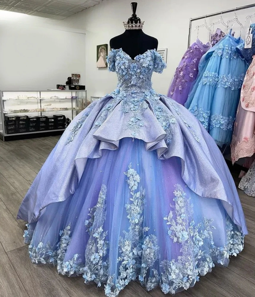 Vestidos de princesa para quinceañera, vestido de baile con hombros descubiertos, apliques de tul, encaje dulce 16, 15 Años, personalizado