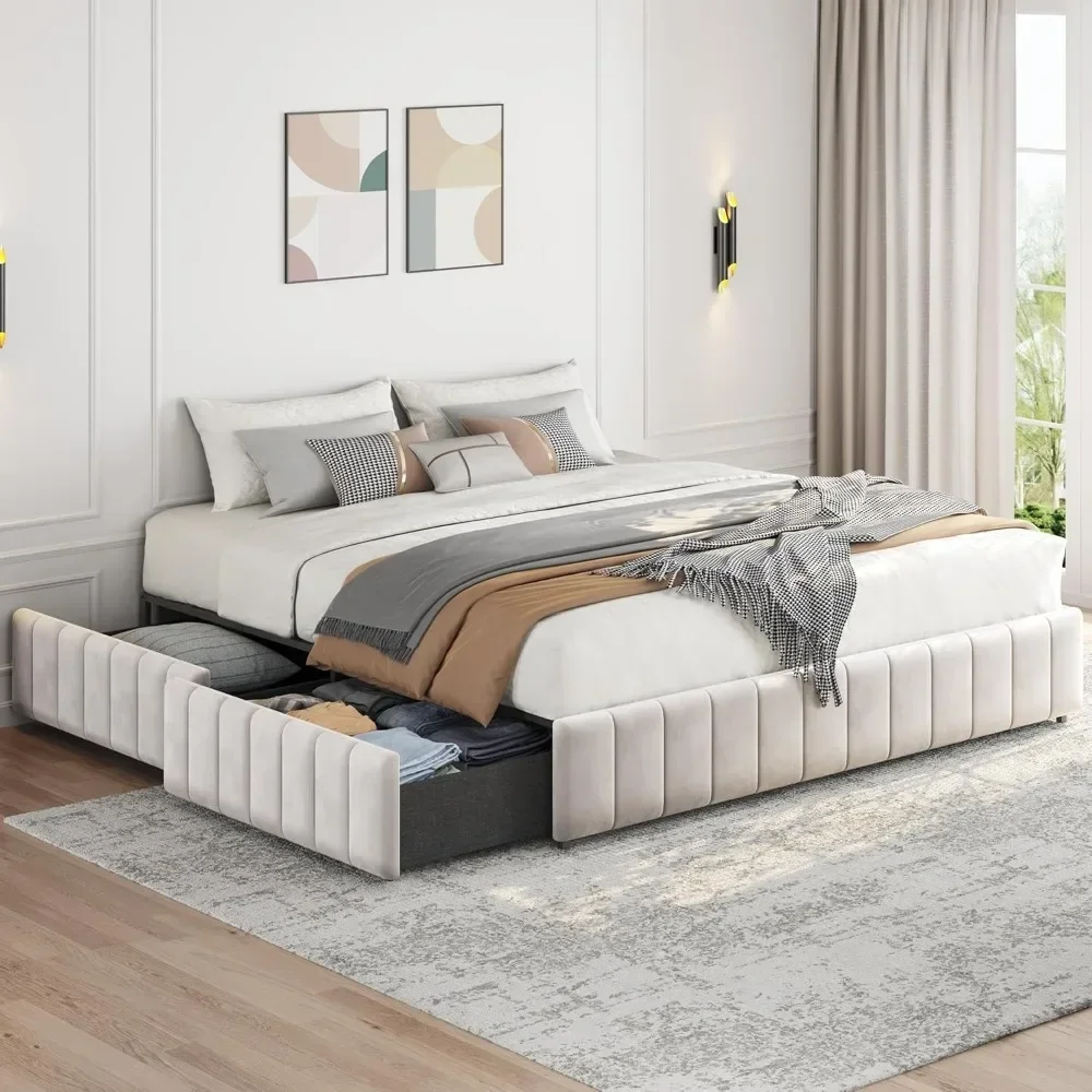 Bed Frame Upholstered Platform Bed with 4 Storage Drawers, Large Storage Space/Strong Wooden Slats/Non-Slip