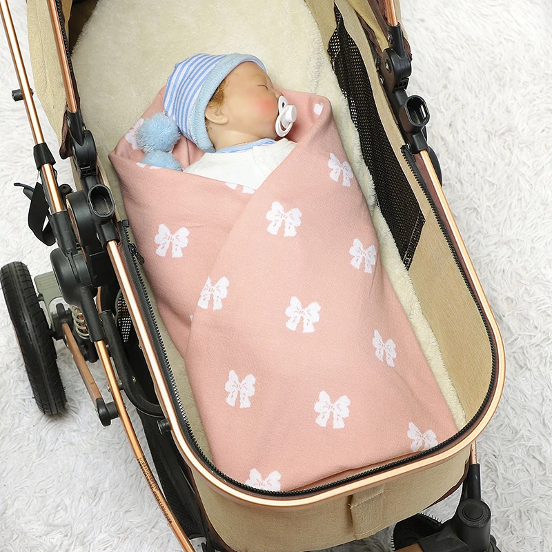 Cotton Baby Blanket Knit Cute Bow Kid Boy Bed Girl Crib Quilt 90*70CM Newborn Cartoon Plaid Toddler Stroller Swaddle Soft Covers