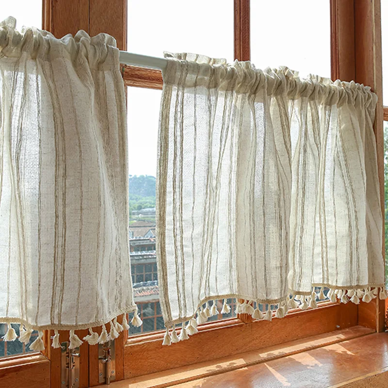 

Linen Textured Striped Curtains Semi-Sheer Window Drapes Boho Rod Pockets Light Filtering Short Curtains for Bedroom Living Room