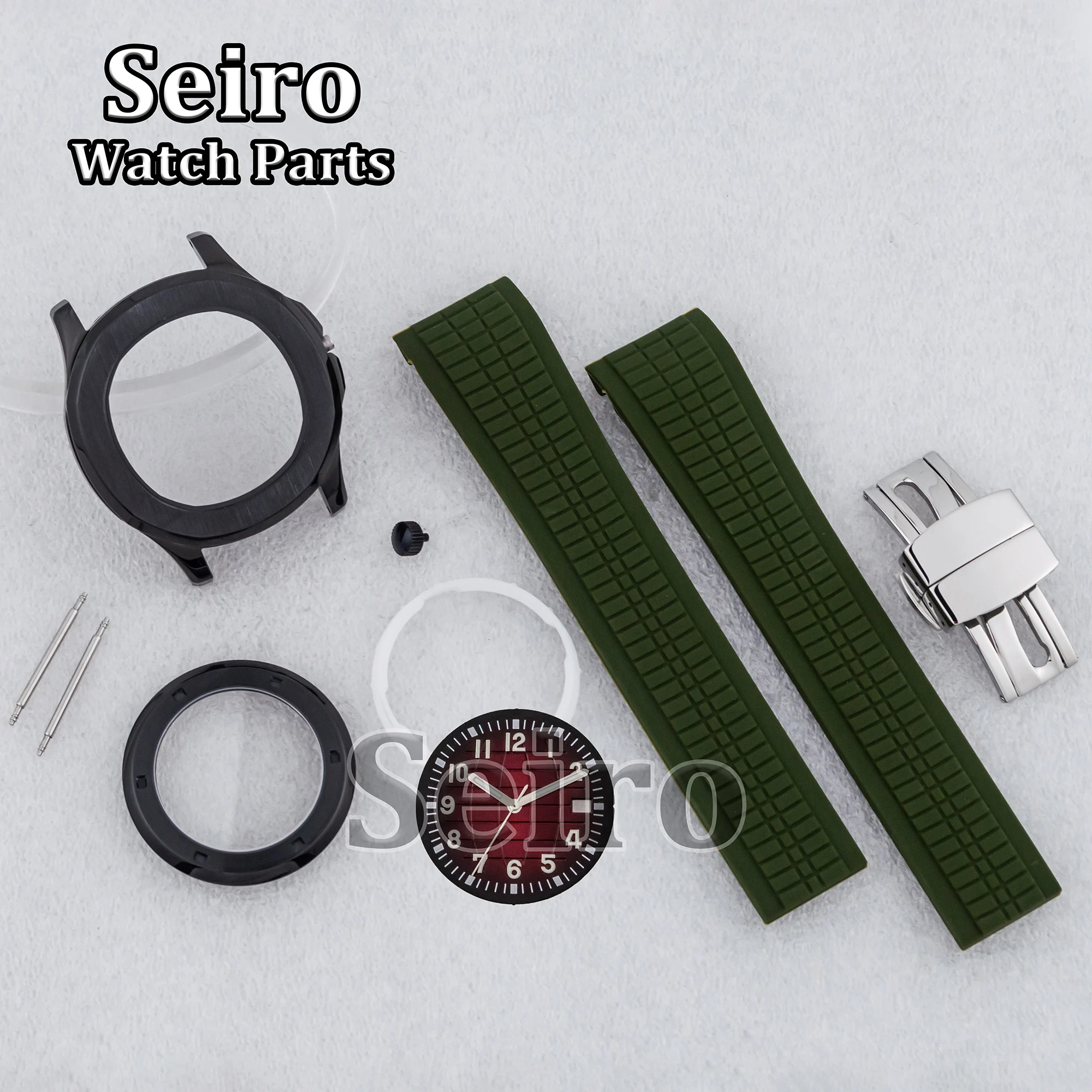 42MM Watch Case Dark Green Red Rubber Strap 32MM Dial Luminous Hands Watchcase Parts for AQUANAUT Nautilus NH35 NH36 Movement