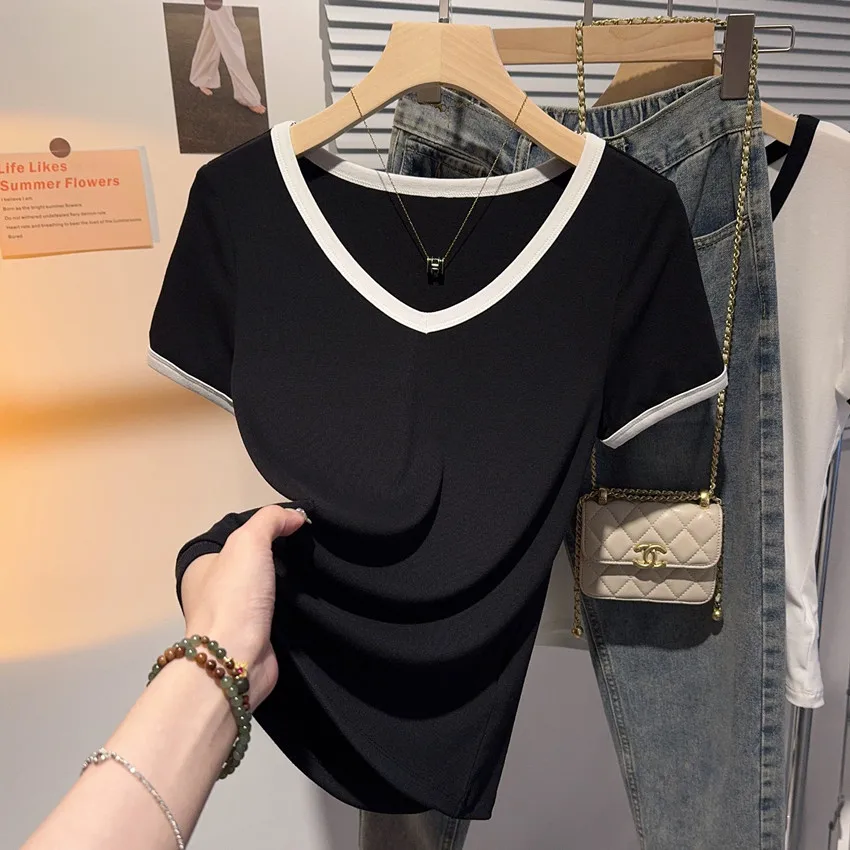 High Quality Pure Cotton Short Sleeve V-Neck Women's T-Shirt Guangzhou Thirteenth Factory Casual Style Slim Fit Summer New Ar...