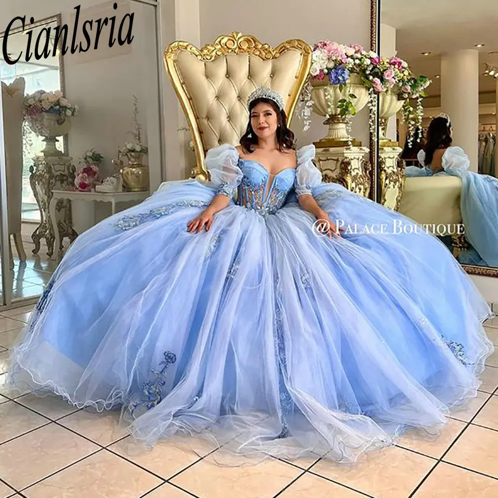 Light Blue Illusion Appliques Lace Bow Quinceanera Dresses Ball Gown Sweetheart Half Sleeve Corset Vestidos De XV Anos