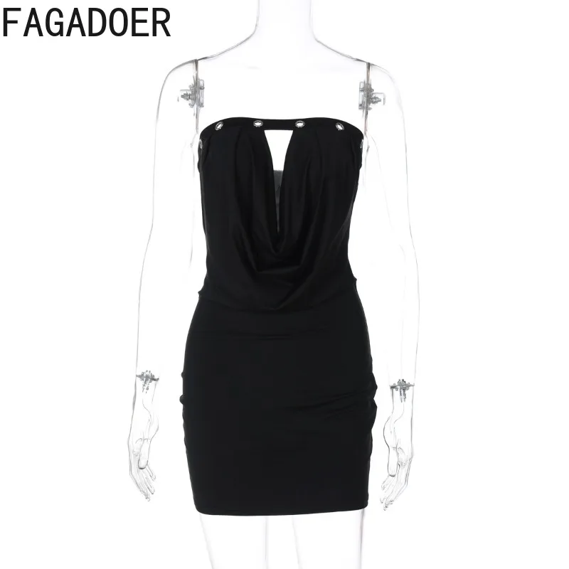 FAGADOER Sexy froncé Patchwork moulante Mini robe femmes évider sans manches dos nu robes femme Streetwear robes nouveau