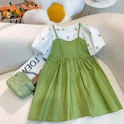 Bear Leader Toddler Girls Dresses 2023 Summer New Embroidered Flower Sling Dress Small Fresh Suit for Children Clothes Vestidos