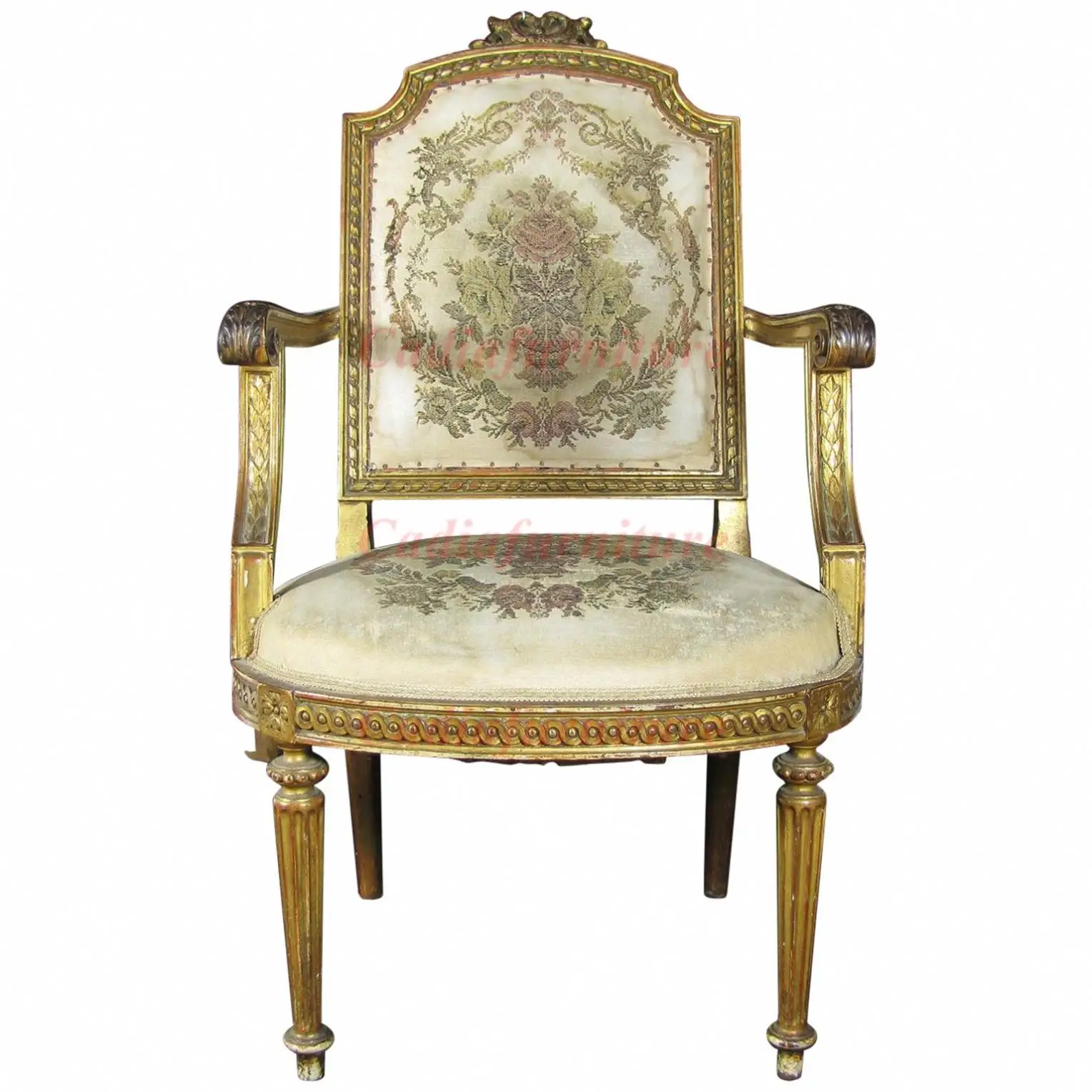 

Antique English Gold Paint Fabric Armchair Pure Hand Carved French Luxury Style Living Room Furniture Leisure Chairs