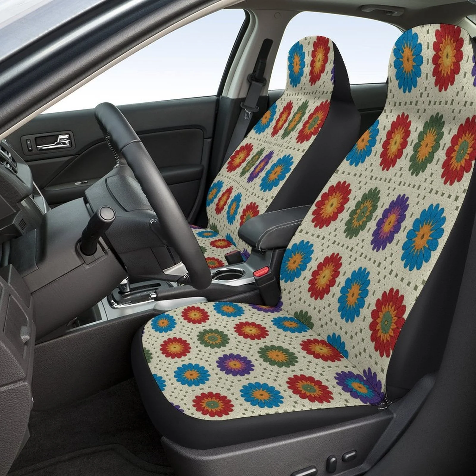 Floral Tile Pattern Car Seat Covers - Vibrant Colorful Design, Durable Fabric, Universal Fit For Most Vehicles, Machine Washable