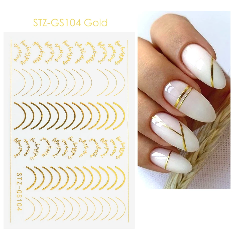 3D Eenvoudige Lijnen Nail Stickers Rose Gold Metal Streep Letters Decals Curve Gel Nagels Art Sliders Polish Manicure Decor BESTZGS014