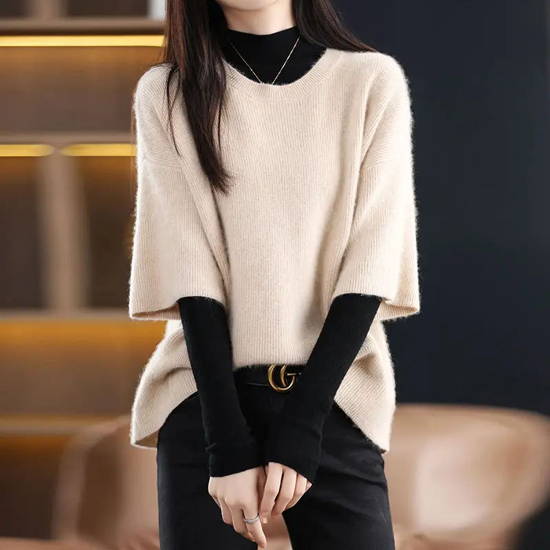 

Women's Clothing Vintage All-match Solid Half Sleeve Sweater Autumn Winter Casual Loose O-neck Knit Tops Lady Elegant Y2k Vest