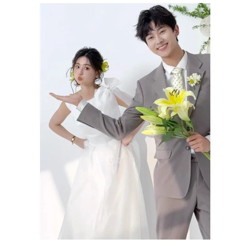 Простые корейские длинные свадебные платья трапециевидной формы с бантом для фотосессии из мягкого атласа с круглым вырезом Элегантные свадебные платья웨딩드레스 По индивидуальные корсеты 2025 Новинка