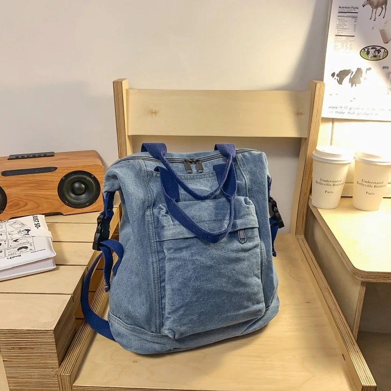 Fashion Solid Denim Backpack Zipper Large Capacity Simple Personality Backpack for Women 2024 Designer Style Casual Schoolbags