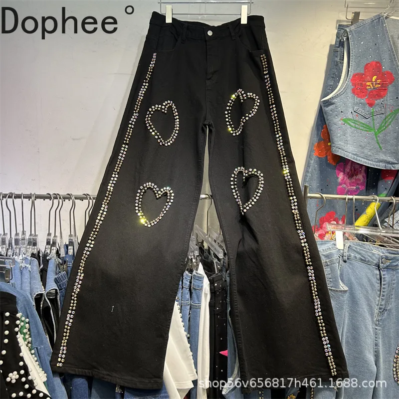 

American Hot Chick Diamonds Love Beads Casual Denim Trousers New Spring Autumn High Waist Wide Leg Pants Women Straight Jeans