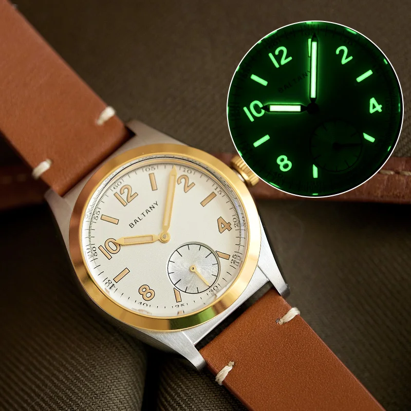 Baltany 버블 백 원피스 시계, 서브 다이얼 IPG 베젤 가죽 골드 핸드 사파이어 크리스탈 스테인레스 스틸, VD78 쿼츠 손목시계