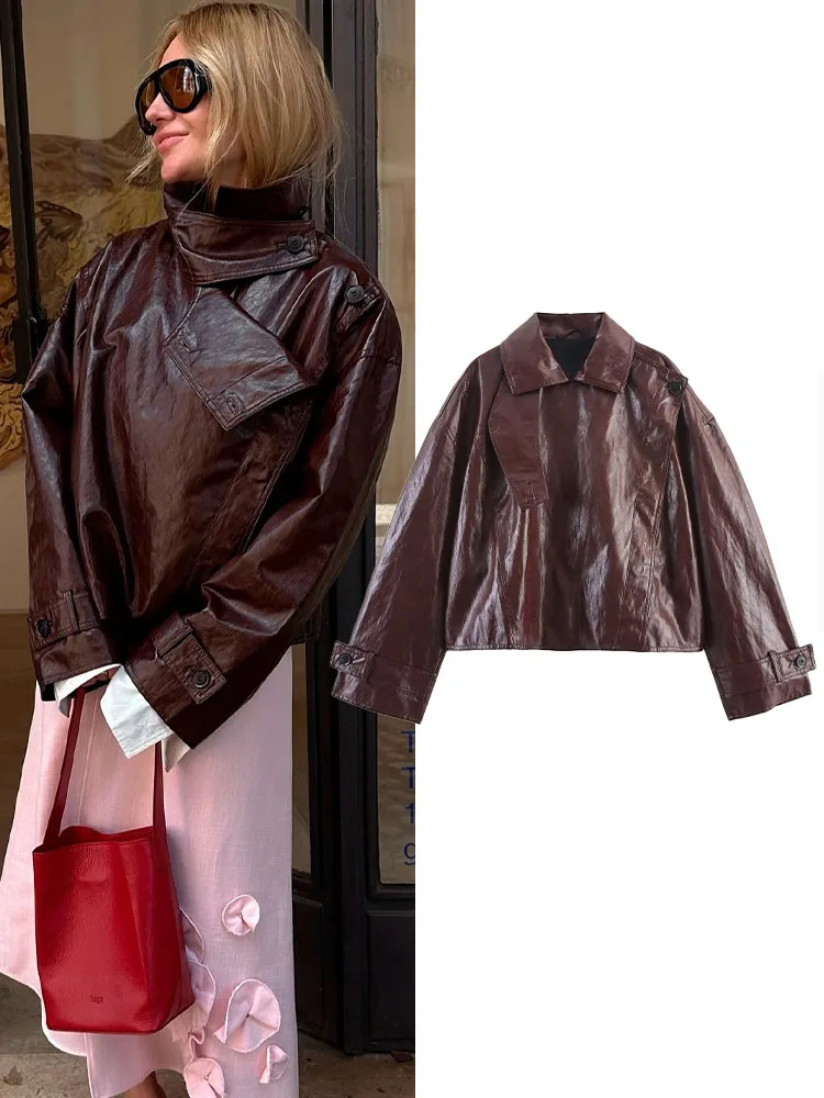 HH Cappotto a maniche lunghe in pelle lucida skinny versatile moda autunnale da donna Giacca elegante casual da vento locomotiva retrò femminile