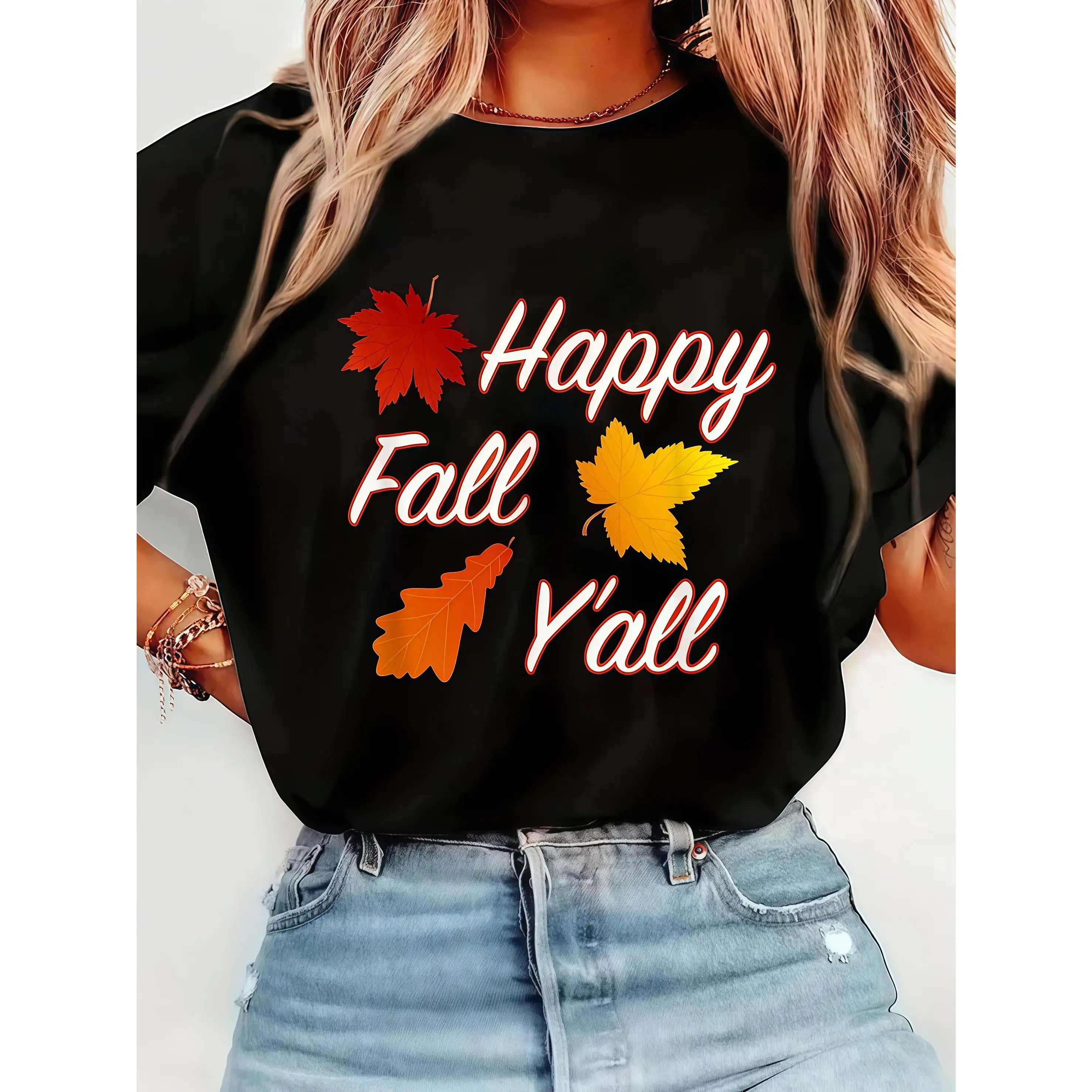 

Happy Fall Y'all T-Shirt Women Men Unisex Autumn Leaves Graphic Tee Maple Leaf Print Casual Seasonal Top Thanksgiving Gift