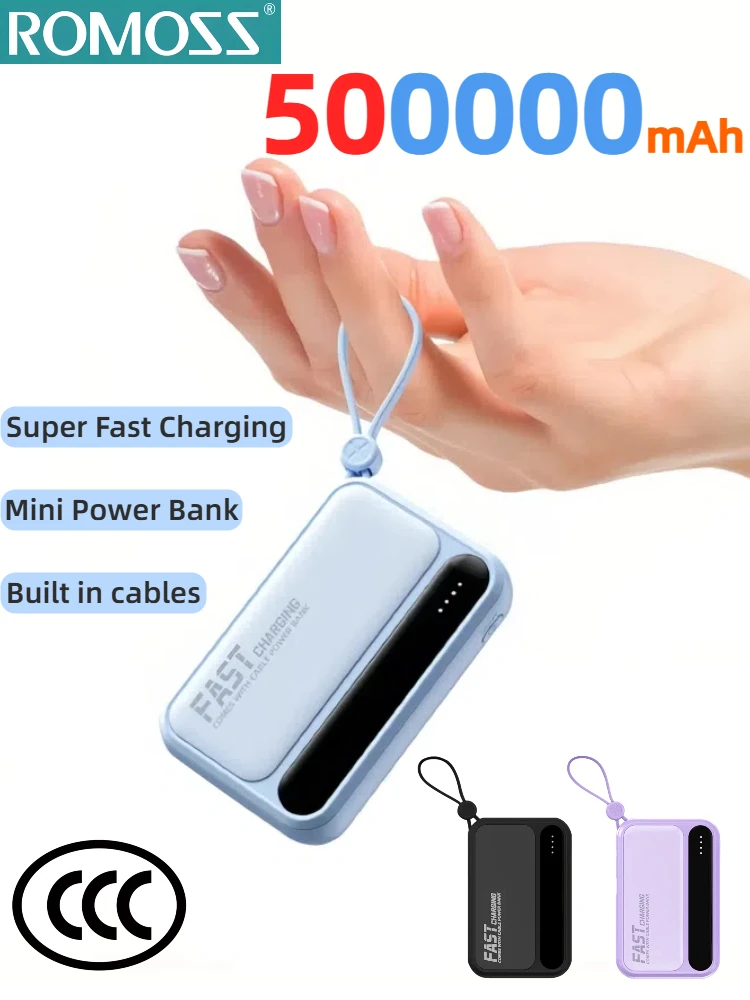 ROMOSS 4 In1 batterie externe 500000mAh grande capacité câbles intégrés affichage numérique Intelligent lumière batterie Portable pour iPhone
