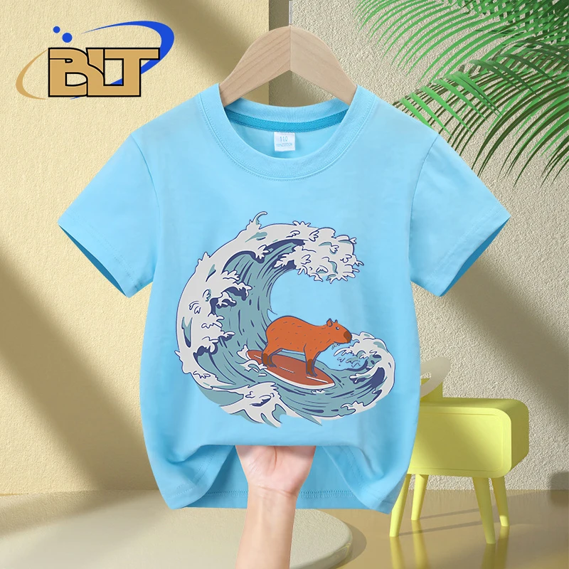 Funny Cute Giant Capybara Japanese Wave cartoon print kids T-shirt summer children's cotton short-sleeved casual tops