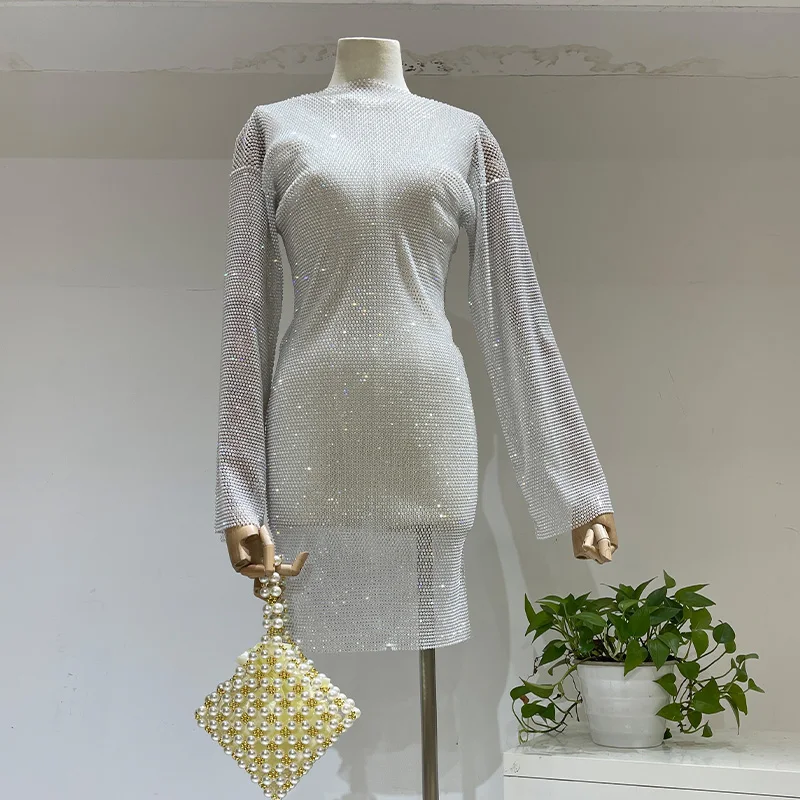 Fashion Diamond Encrusted Glittering Europe And The United States Trend Long-sleeved Slim Hollow Mid-length Dress