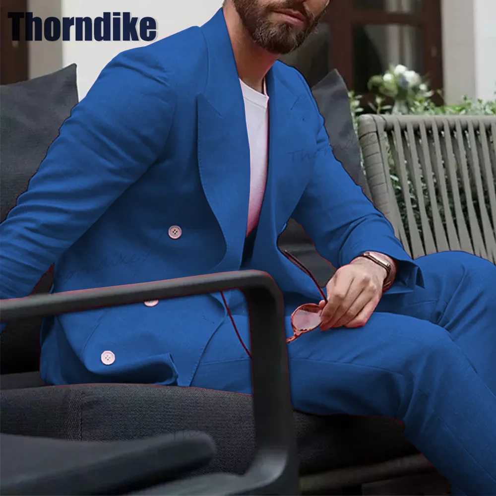 

Thorndike Men Suit Jacket & Vest & Pant Set Blue Blazer for Men Formal Bussiness Wedding Suit Slim Fit Double Breasted Suit