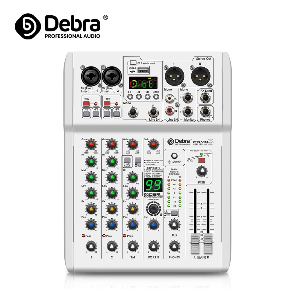 Debra PRMX-6 Table de mixage audio avec console DJ Bluetooth 5.0, 99 effets DSP pour performances en direct, table de mixage portable de studio