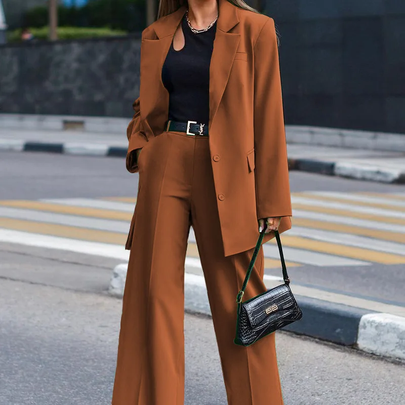 Women\'s Trousers Suit Casual Long Sleeve Jacket + Wide Leg Pant Female 2 Pieces Blazer Set Ladies Fashion Elegant Pant Suit