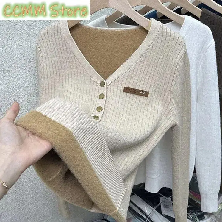 

New Mink One Piece Plush Thickened Sweater Underlay Sweater Autumn Winter Korean Temperament Simple Slim V-neck Button Knit Tops