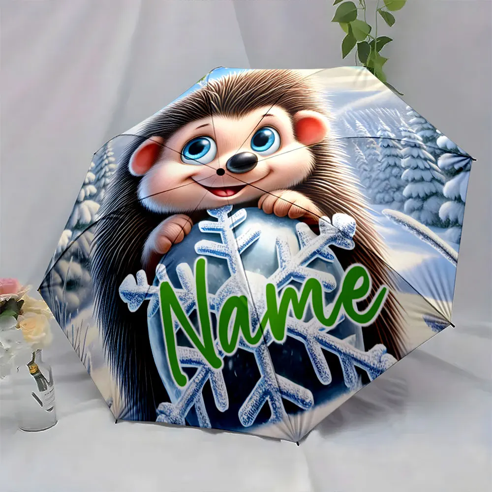 Custom Name Adorable Hedgehog Holding Snowflake on Winter Umbrella Print 8Iron Ribs Folding Umbrella Auto-Open Fashion Sunshade