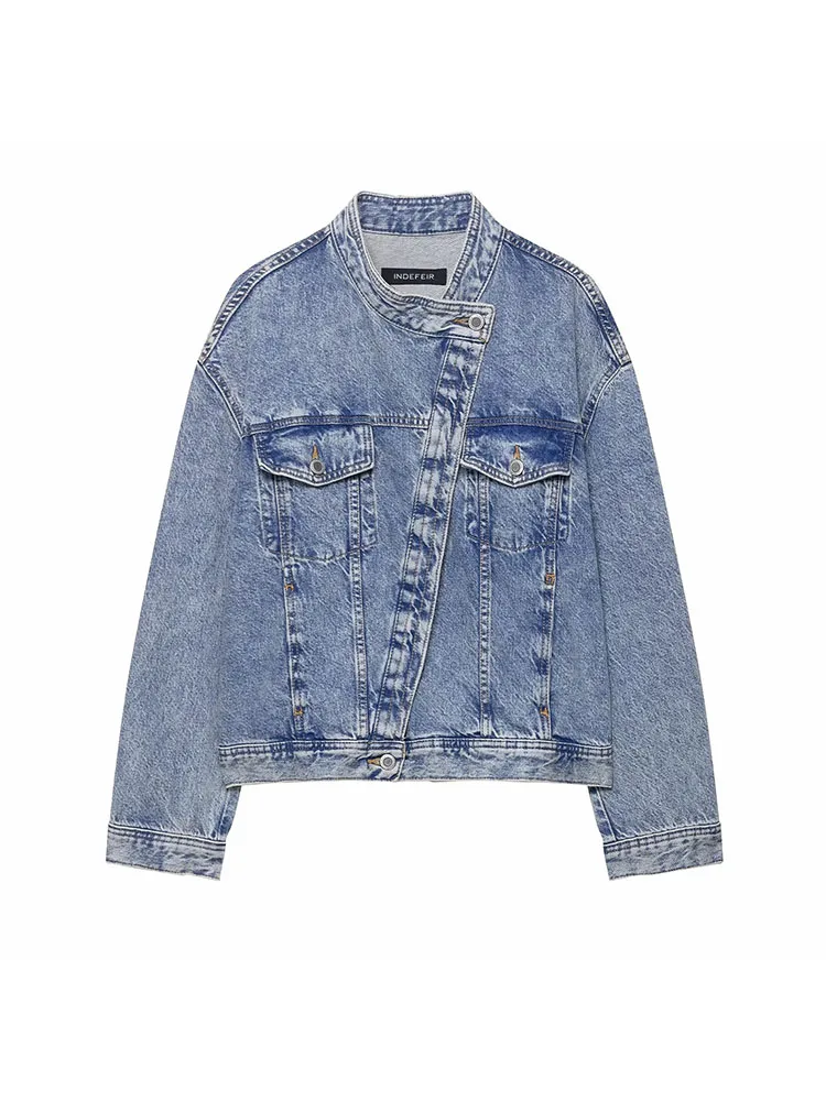 

Women 2025 Autumn Fashion Denim Jackets Vintage Streetwear Round Neck Button Coat Autumn Loose All Match Long Sleeves Top