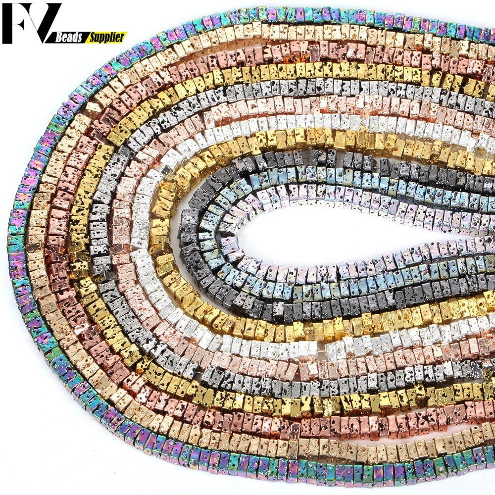 4x2mm Natural Volcanic Rock Stone Beads Gold Silver Plated Colorful Square Lava Beads For Jewelry Making Diy Necklaces Bracelets