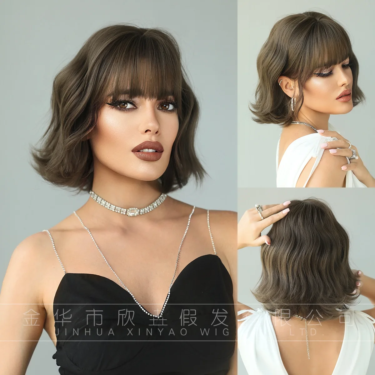 women's Bobo short curly hair with water ripple wigs, full bangs, machine made synthetic fiber wig sets