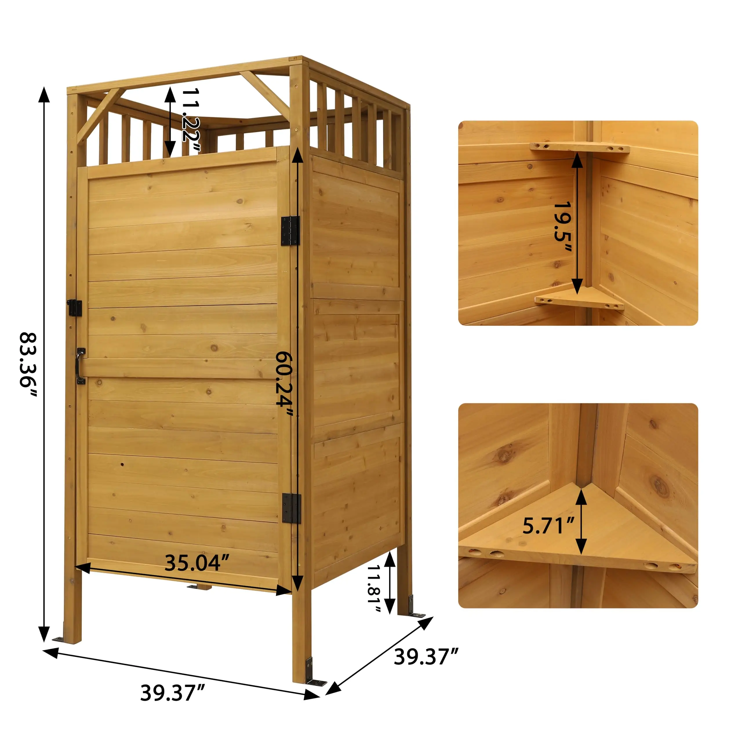 Outdoor Shower Enclosure with Lockable Door, Ce Wood Outdoor Shower Stall with Hooks & Shelves, Left/Right Opening