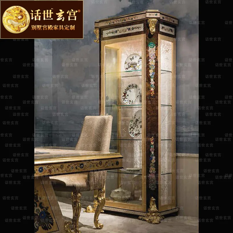 Italian luxury court wine cabinet solid wood living room villa shell collage European display cabinet