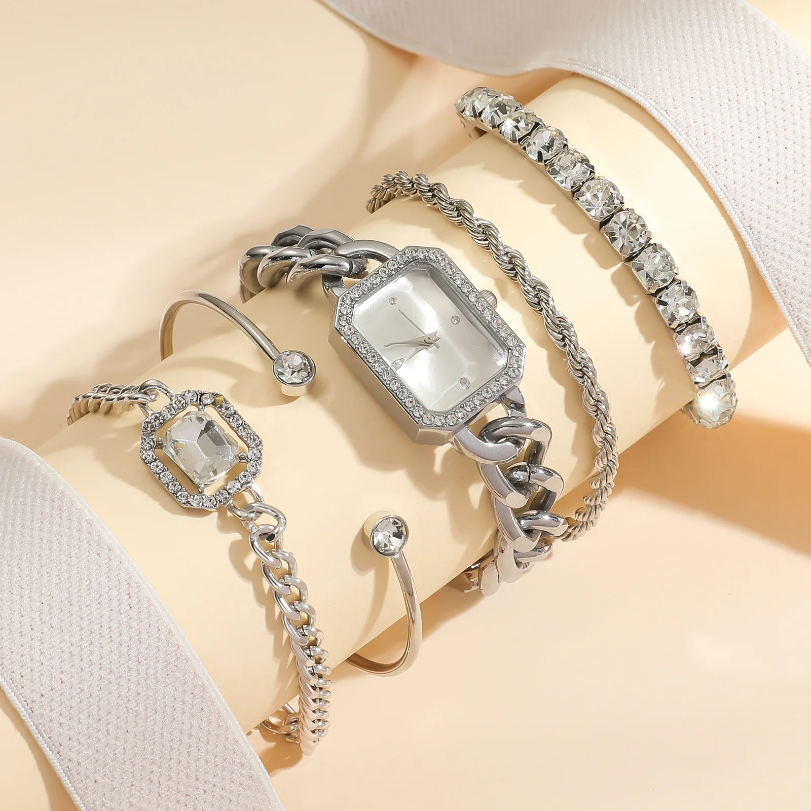 5pcs/set Stainless Steel Fashion Snake Chain Bracelet Geometric Rectangular Watch Bead Chain Stackable Bracelet Women's Jewelry