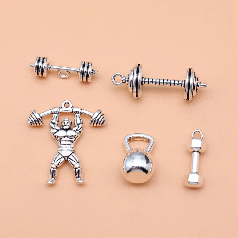 5pcs/lot Antique Silver Color Weightlifting Fitness Charms Collection For Jewelry Making Men Accessories