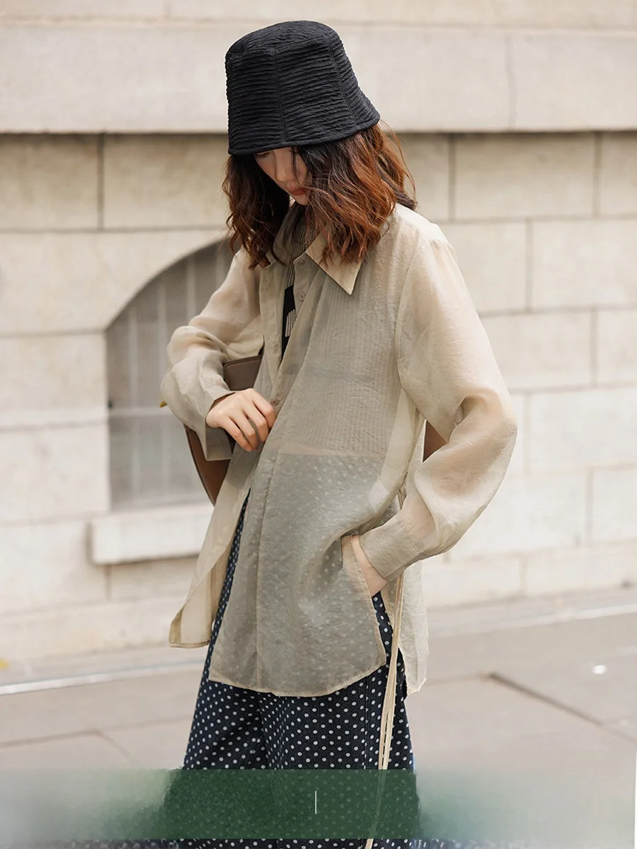 

Sun Protection Long Sleeve Thin Shirt Women Summer New Unique Loose Delicate Top Transparent Fabric Commute Style Collar