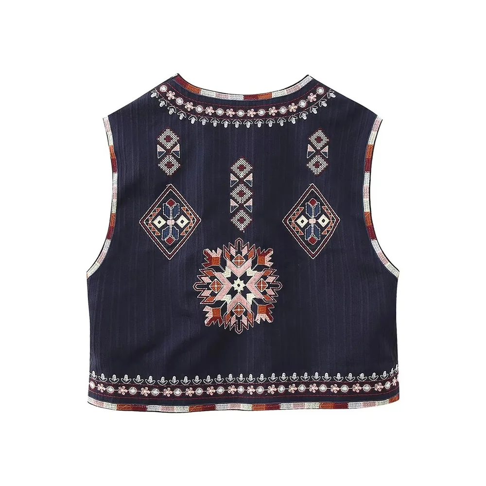 PB&ZA 2023 Autumn New Vintage Fashion Versatile Flower Pattern Embroidered Open Front Short Outerwear Vest