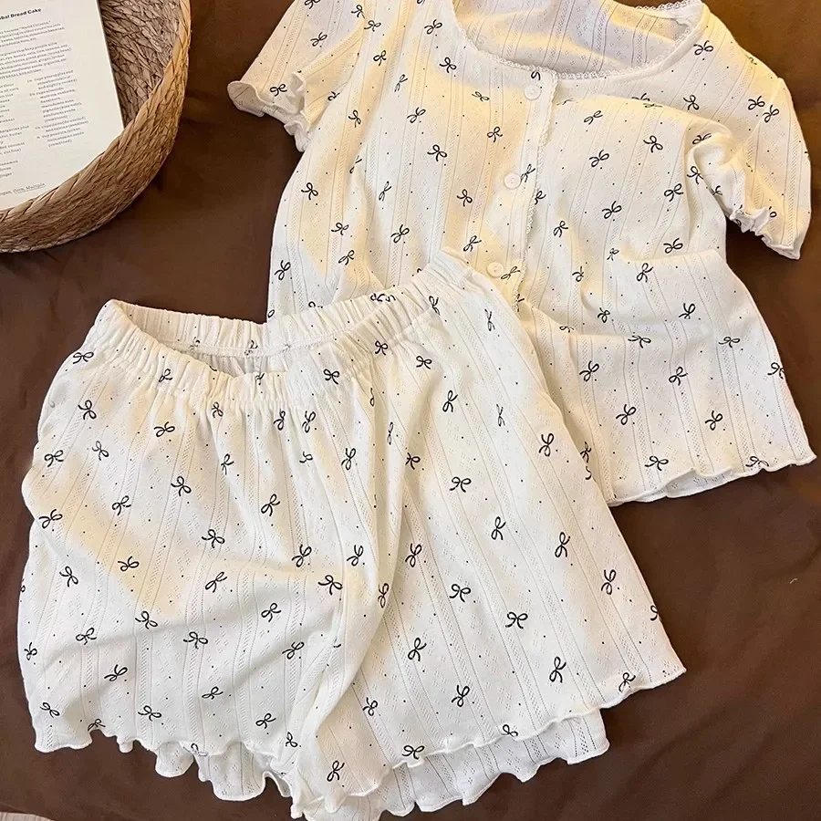 sweet-girl-short-sleeve-and-shorts-pajamas-with-chest-pads-and-bow-new-summer-homewear-set-thin-and-breathable-women's-clothin
