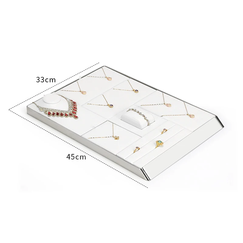 Jewelry display props for countertops white PU leather necklace, ring, and earring display rack glossy metal-framed jewelry tray