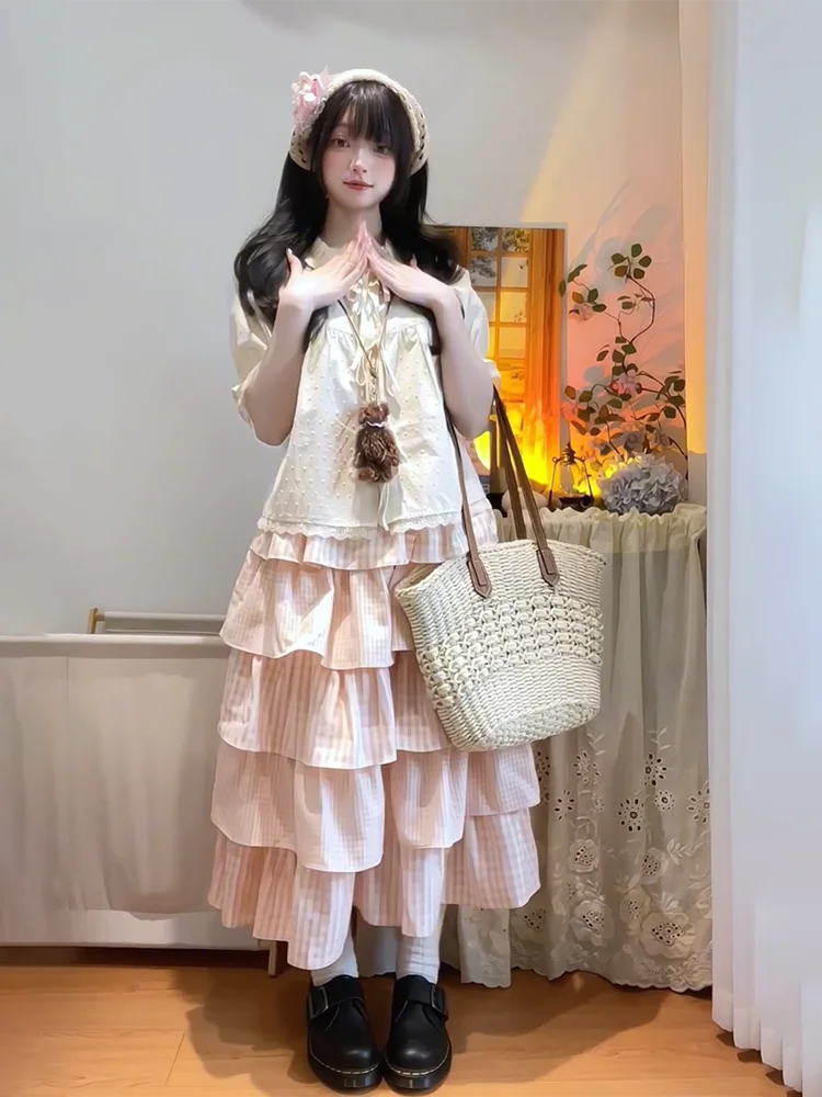 Kawaii Sweet Short Sleeve Loose 2-piece Set Women Summer Pretty Lace Up O-neck Short Tops + Design Long Pink Plaid Skirt Suit