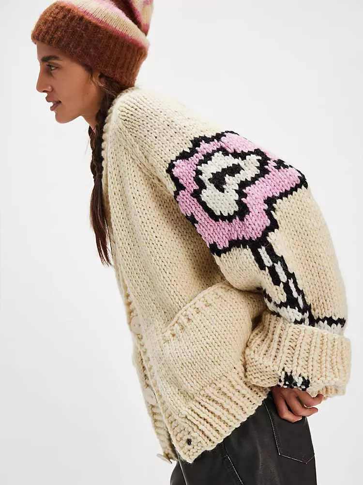 MCDV カジュアルプリント女性ニットカーディガン秋冬長袖 V ネックシングルブレストルーズセーターコート厚く暖かいニットウェア